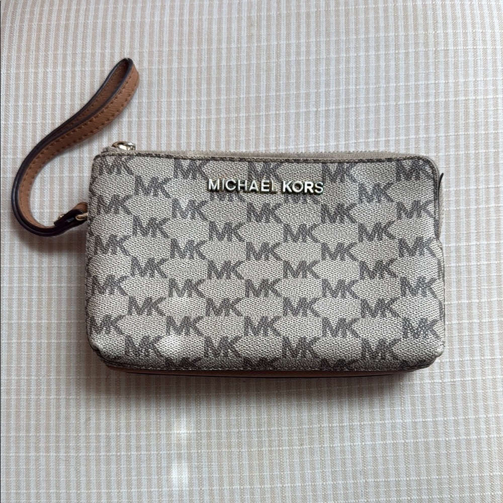 Michael Kors Beige and Brown Logo Wristlet